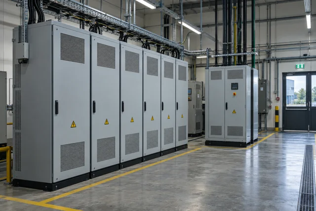 Przemysłowy magazyn energii — szafy bateryjne i układ przekształtnikowy w zakładzie